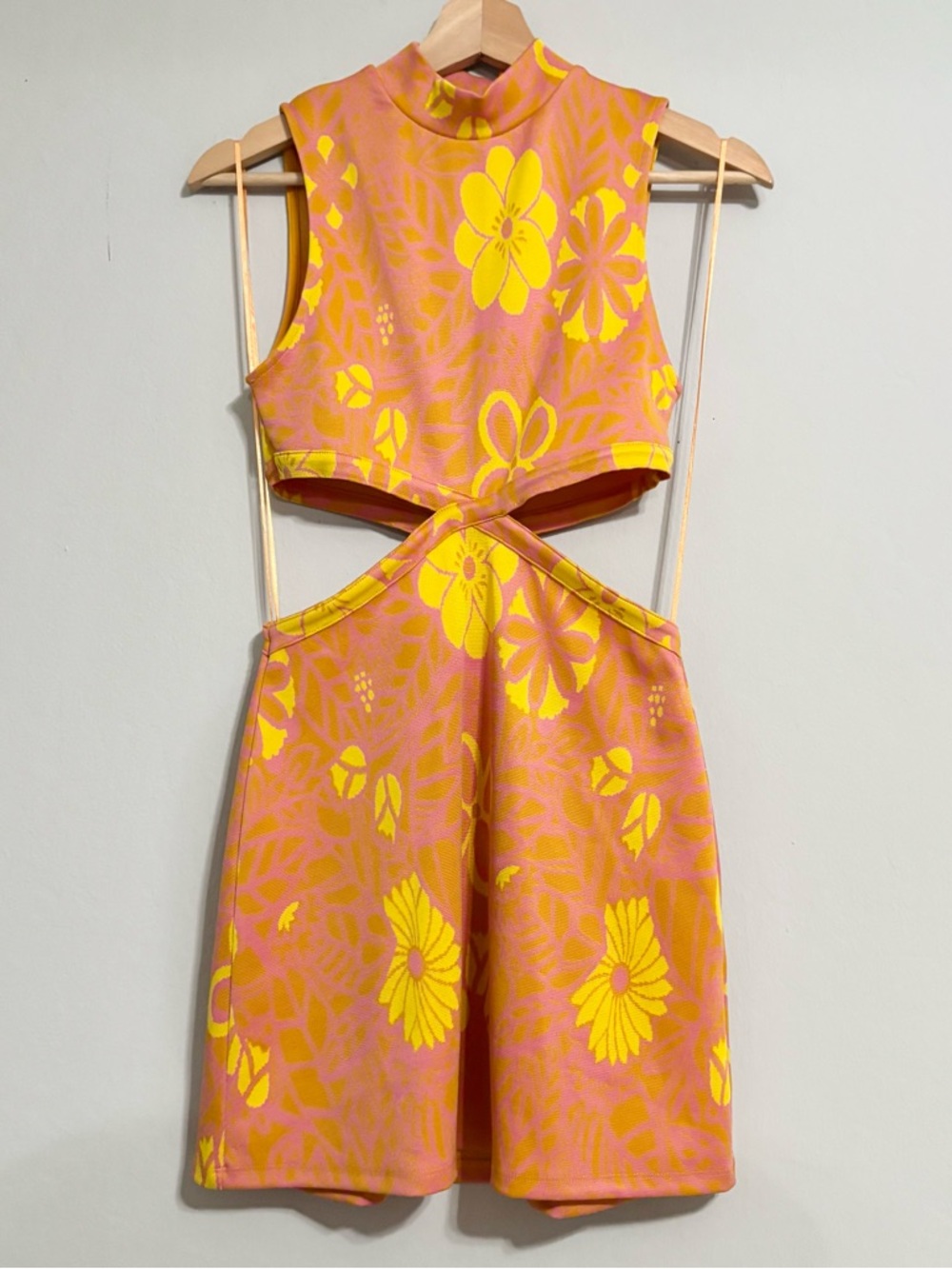 ZARA Floral Orange and Yellow 70’s Style Cut Out Mini Dress